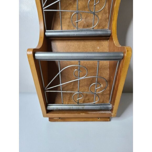 Vintage Wood Metal Ornate Two Tier Wall Hanging Mail Bill Organizer Holder MCM - Picture 2 of 11
